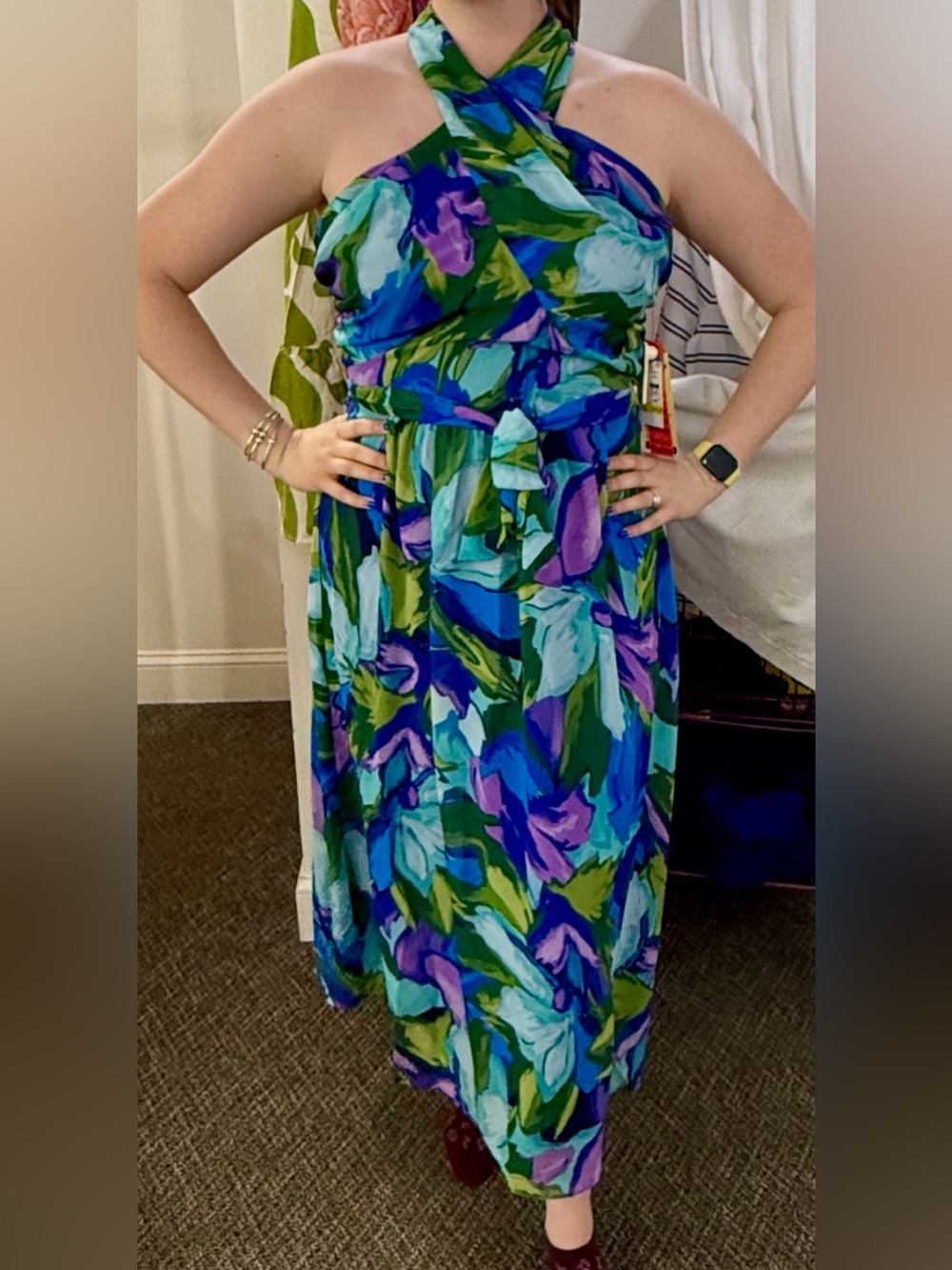 London Times Halter Floral Maxi Dress in Blue, Green & Purple